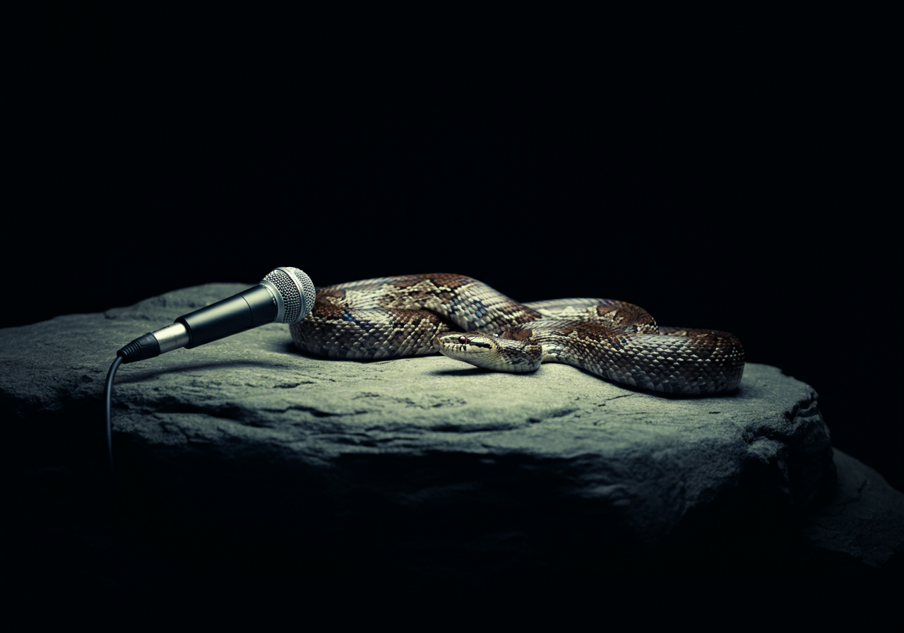 A snake at a microphone at a rocky outcropping